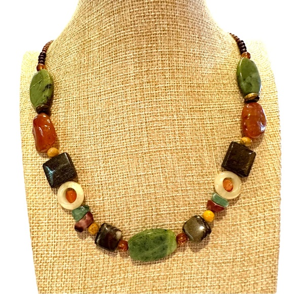 Multi-color Genuine Gemstone Necklace, toggle clasp/ greens, browns, tan, orange - Picture 2 of 10